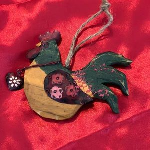Vintage wood and Metal Painted Christmas Tree Ornament Rooster with Heart